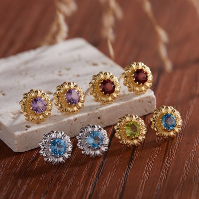 S925 Sterling Silver Earrings With Natural Topaz Peridot and Garnet In A Floral Design